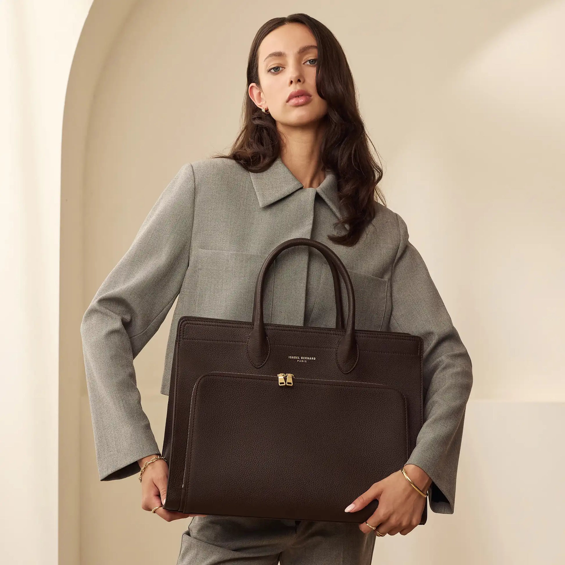 Honoré Nadine brown calfskin leather handbag with laptop compartment -  - Isabel Bernard