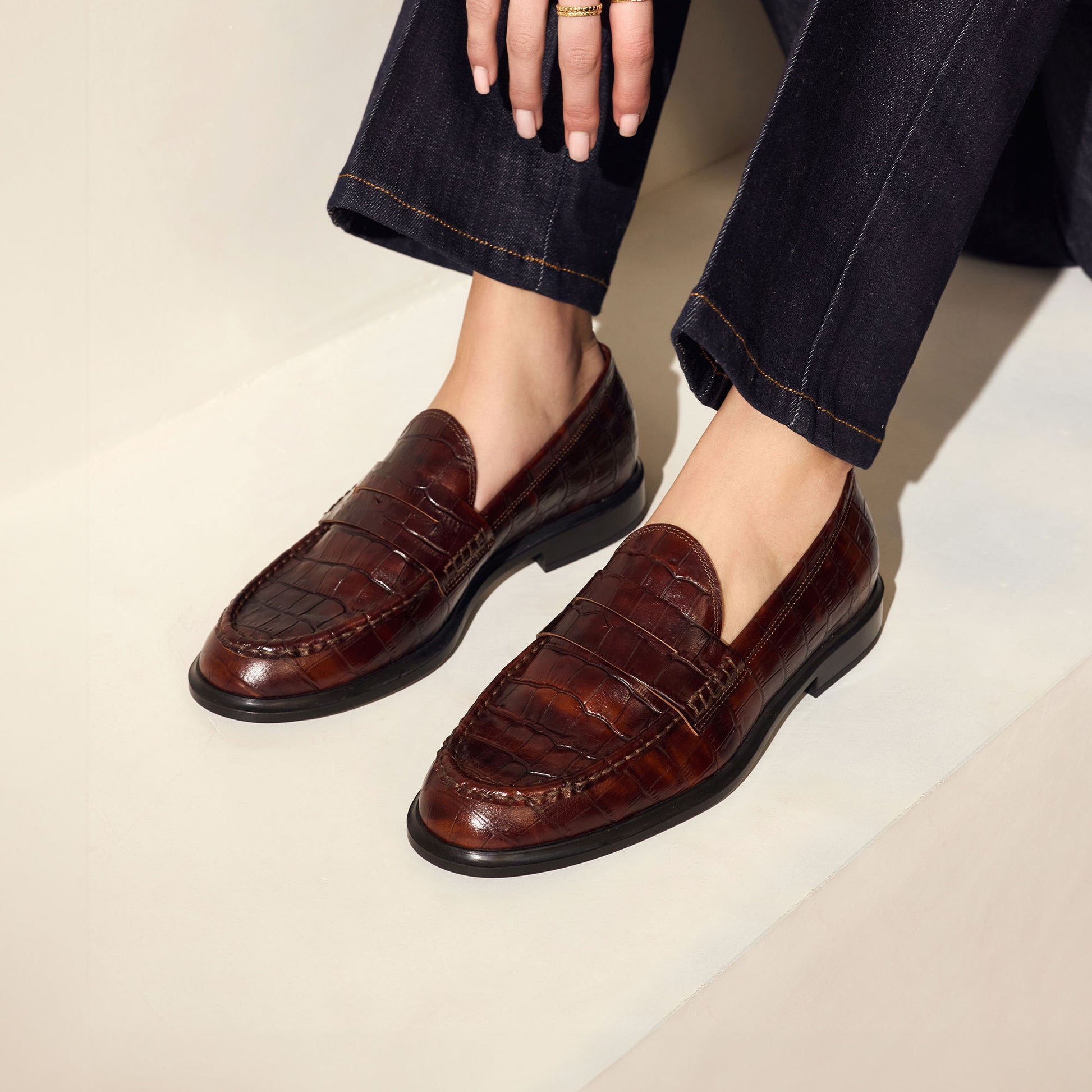 Vendôme Blandine croco brown calfskin leather loafers -  - Isabel Bernard