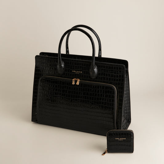 Cadeau d'Isabel croco black calfskin leather handbag and zipper wallet gift set - - Isabel Bernard