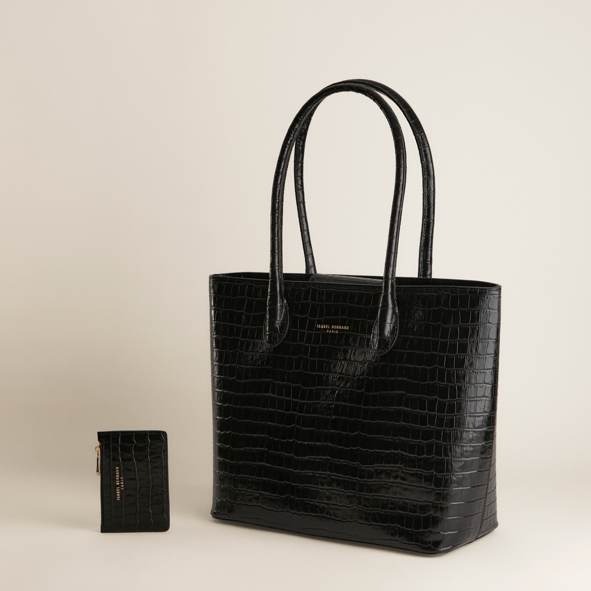 Cadeau d'Isabel croco black calfskin leather shopper and card holder gift set - - Isabel Bernard