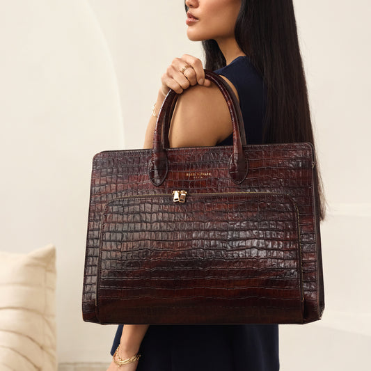 Honoré Nadine croco brown calfskin leather handbag with laptop compartment - - Isabel Bernard