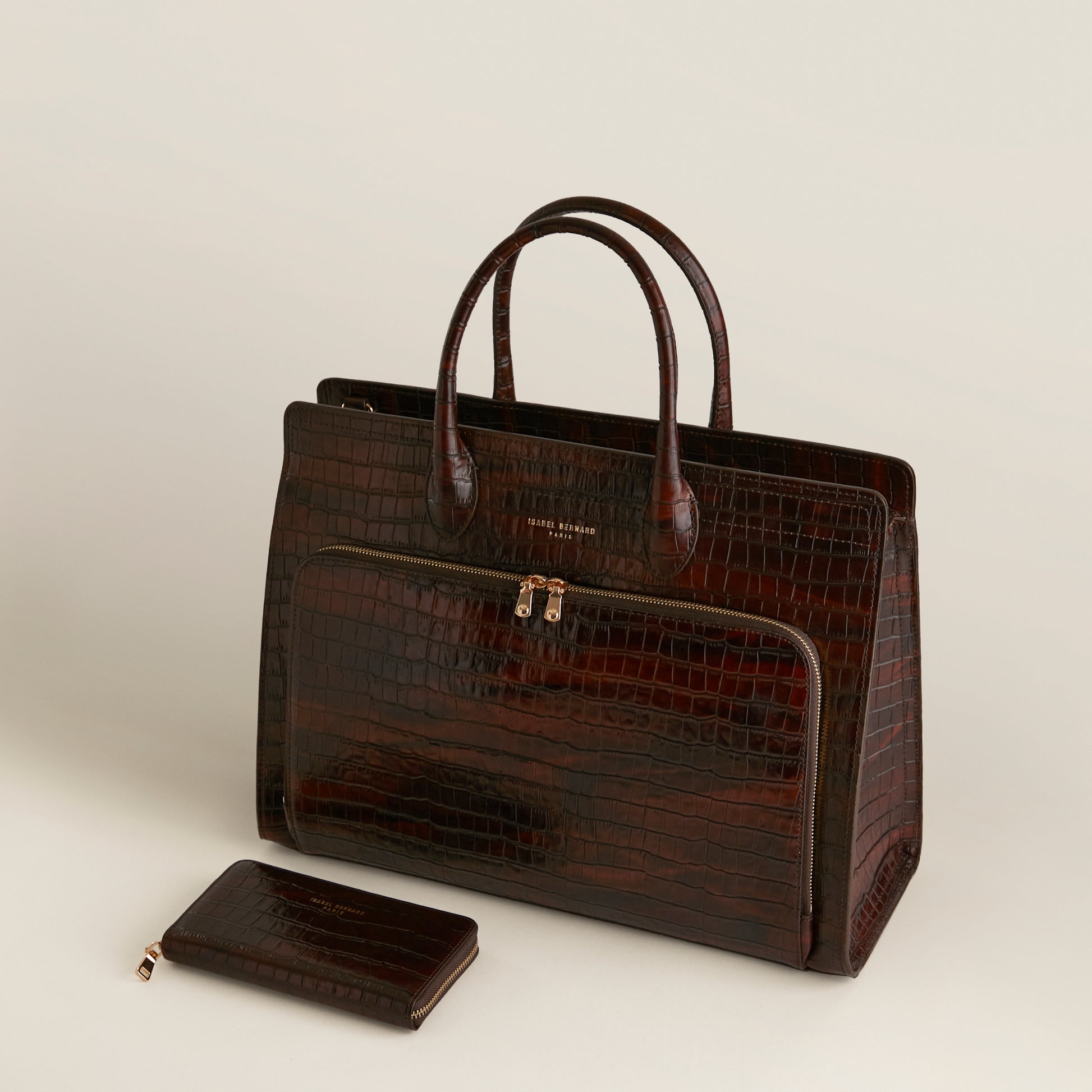 Cadeau d'Isabel croco brown calfskin leather handbag and zipper wallet gift set - - Isabel Bernard