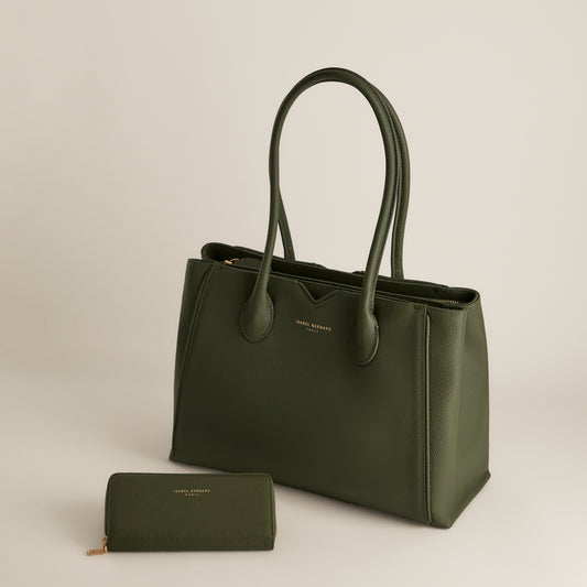 Cadeau d'Isabel groene leren handtas en portemonnee met rits gift set van kalfsleer