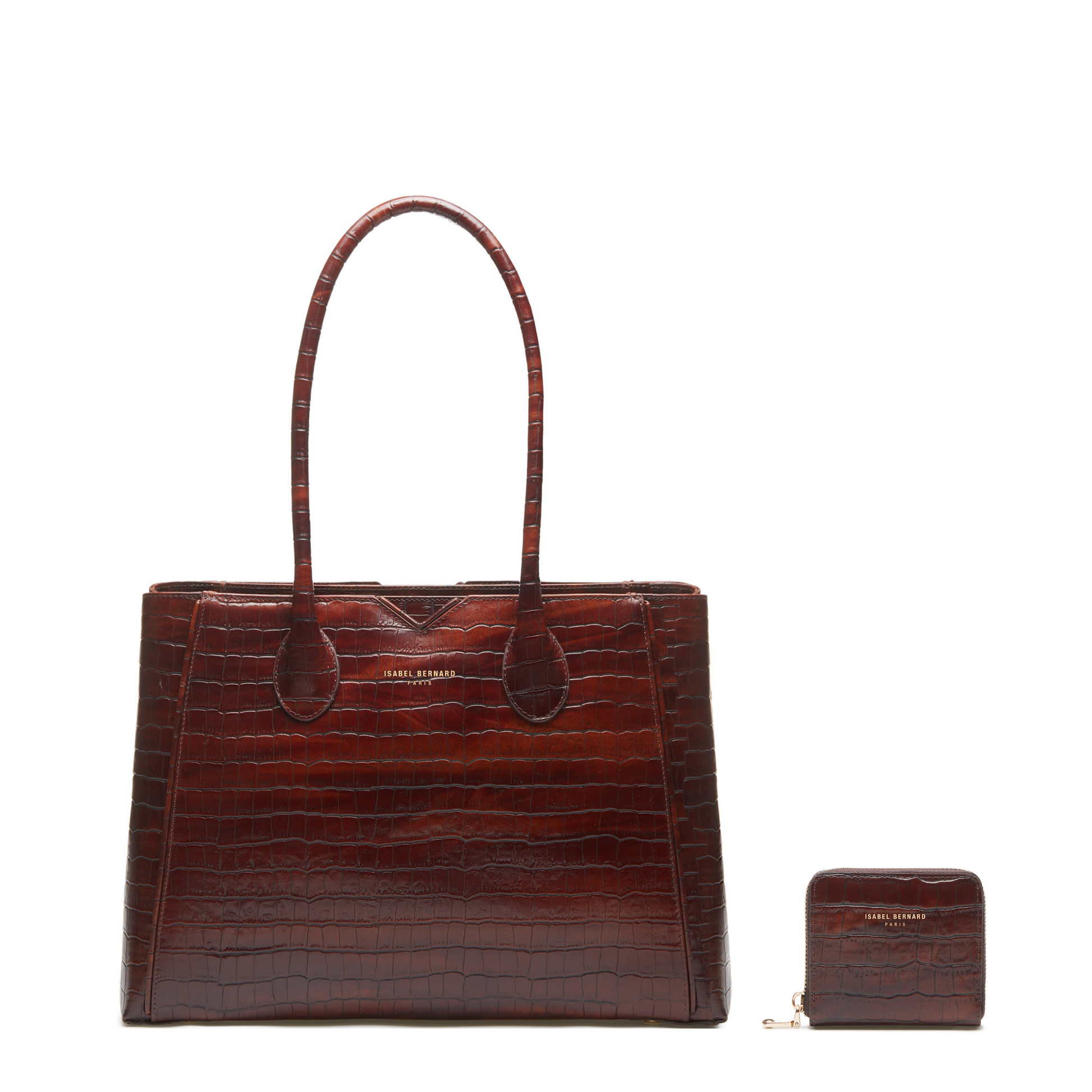 Cadeau d'Isabel croco brown calfskin leather handbag and zipper wallet gift set - - Isabel Bernard