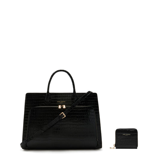 Cadeau d'Isabel croco black calfskin leather handbag and zipper wallet gift set - - Isabel Bernard