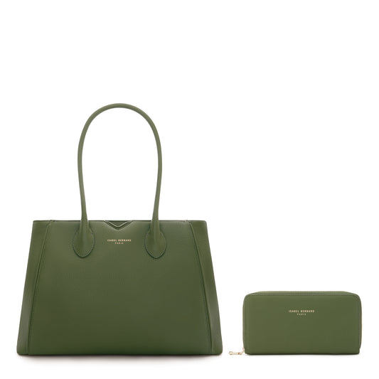 Cadeau d'Isabel green calfskin leather handbag and zipper wallet gift set - - Isabel Bernard