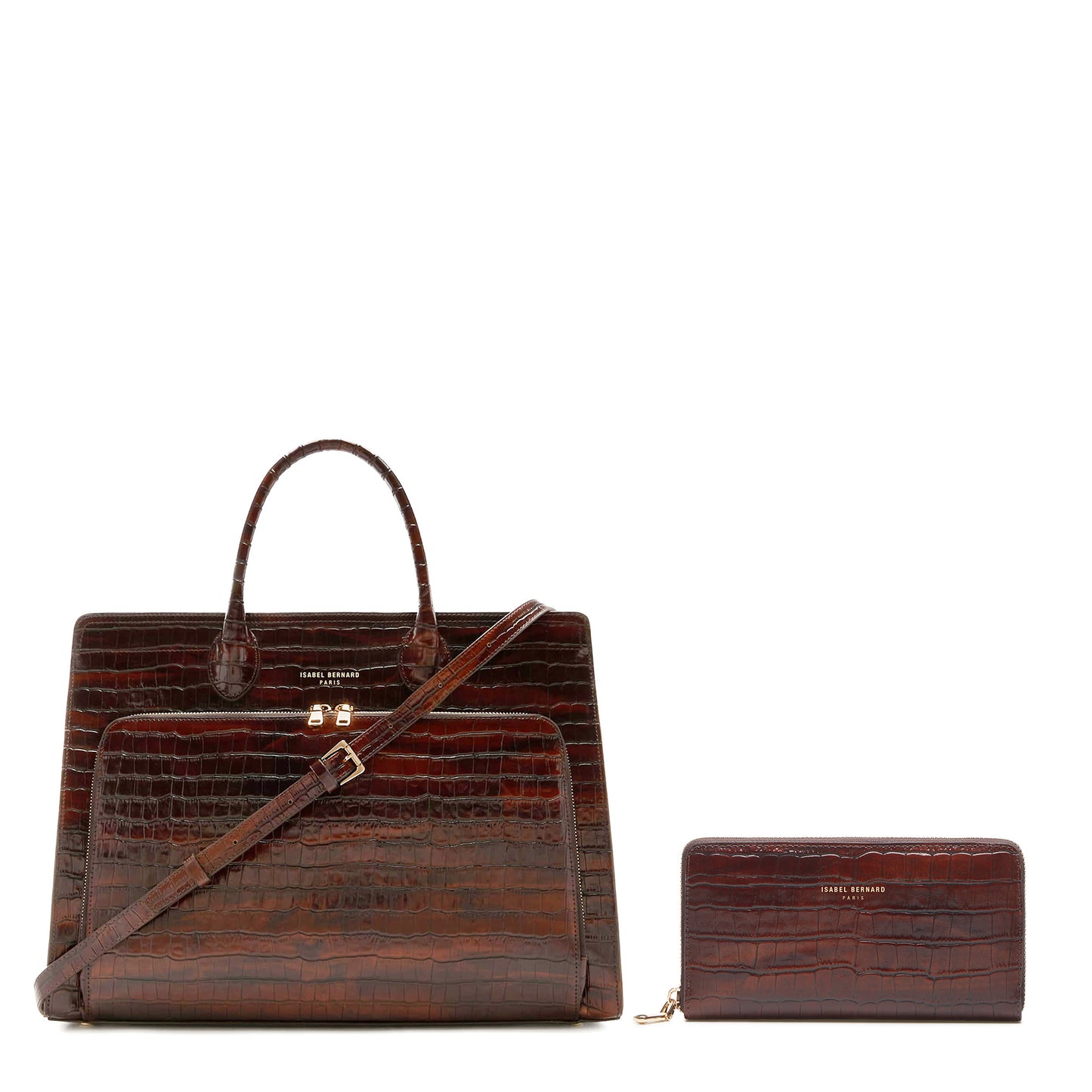 Cadeau d'Isabel croco brown calfskin leather handbag and zipper wallet gift set - - Isabel Bernard