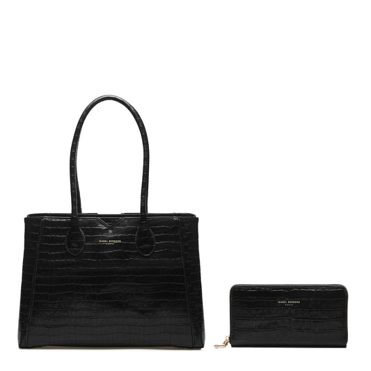 Cadeau d'Isabel croco black calfskin leather handbag and zipper wallet gift set - - Isabel Bernard