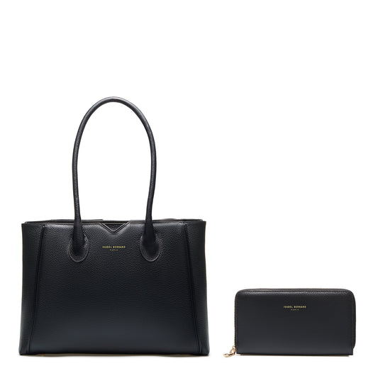 Cadeau d'Isabel black calfskin leather handbag and zipper wallet gift set - - Isabel Bernard