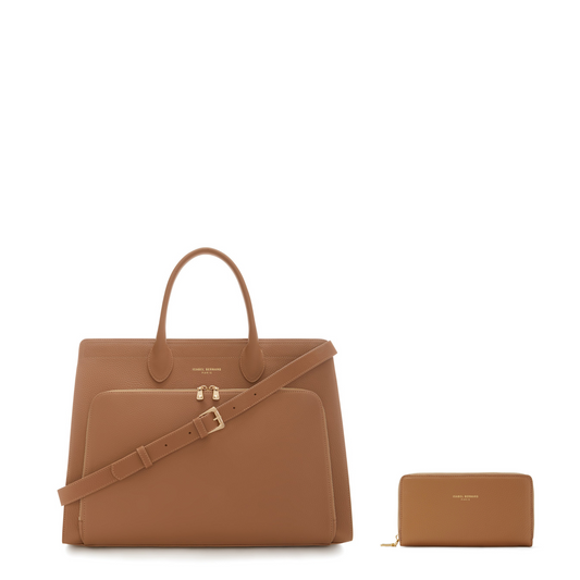 Cadeau d'Isabel camel calfskin leather handbag and zipper wallet gift set - - Isabel Bernard