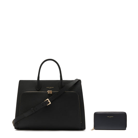 Cadeau d'Isabel black calfskin leather handbag and zipper wallet gift set - - Isabel Bernard