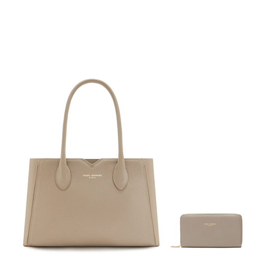 Cadeau d'Isabel taupe calfskin leather handbag and zipper wallet gift set - - Isabel Bernard