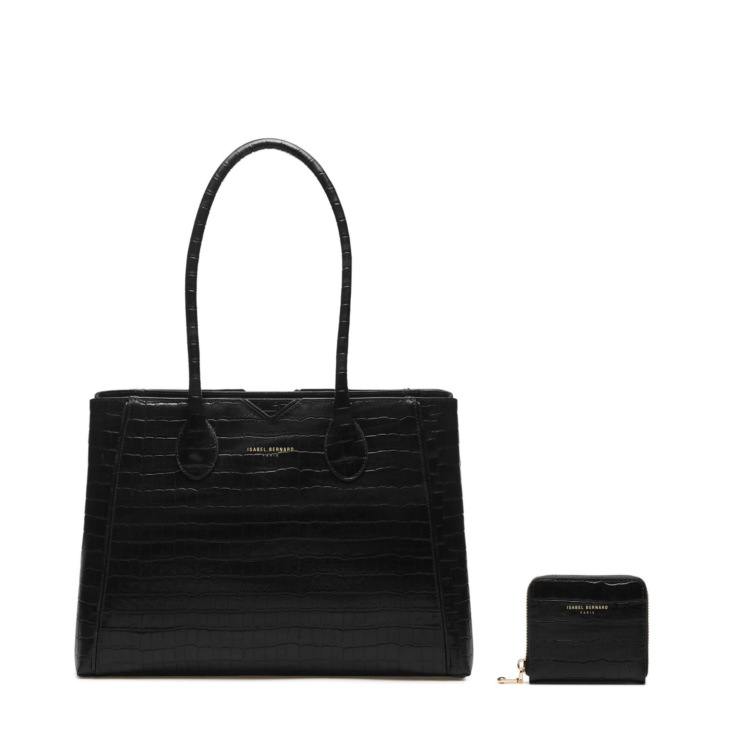 Cadeau d'Isabel croco black calfskin leather handbag and zipper wallet gift set - - Isabel Bernard