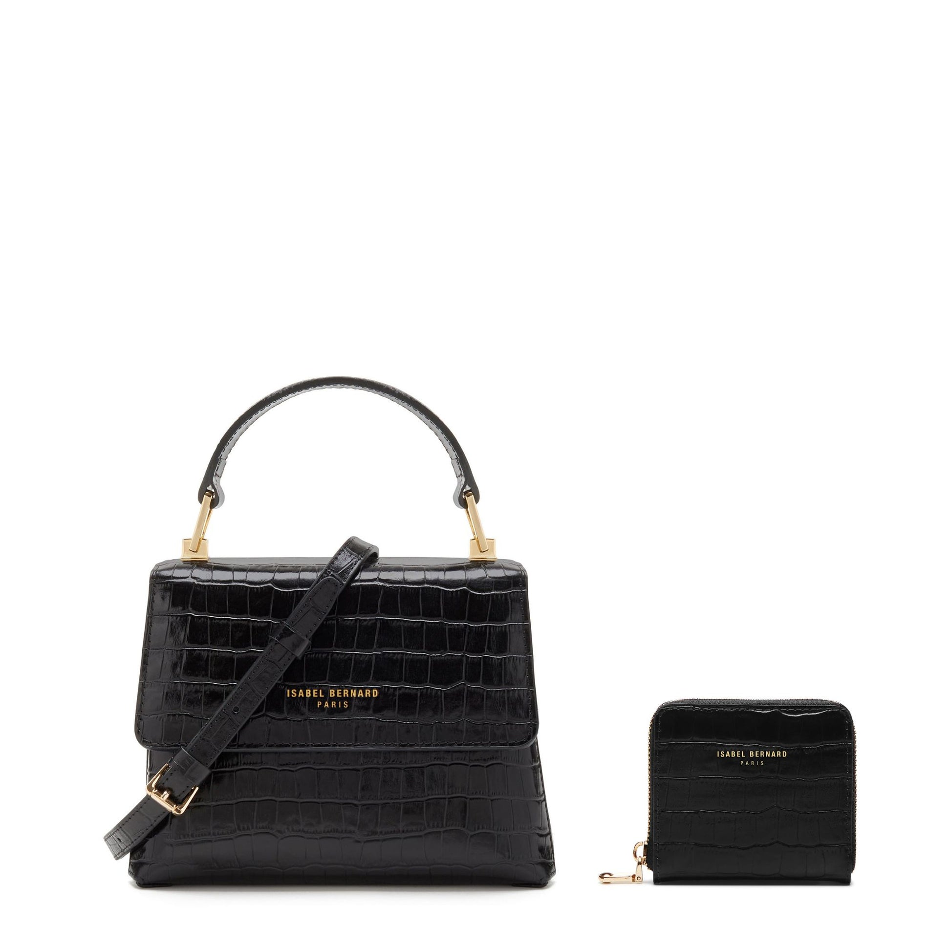 Cadeau d'Isabel croco black calfskin leather handbag and zipper wallet gift set - - Isabel Bernard