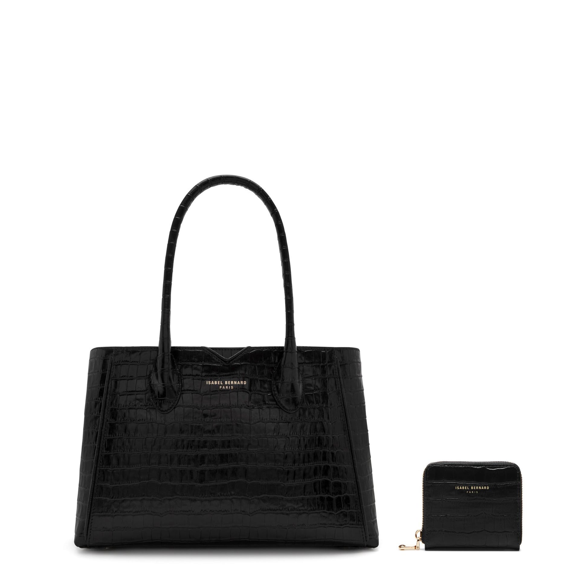 Cadeau d'Isabel croco black calfskin leather handbag and zipper wallet gift set - - Isabel Bernard