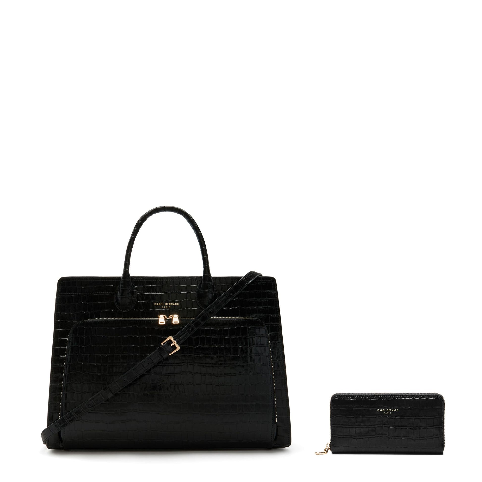 Cadeau d'Isabel croco black calfskin leather handbag and zipper wallet gift set - - Isabel Bernard