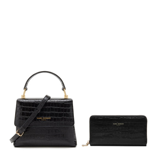 Cadeau d'Isabel croco black calfskin leather handbag and zipper wallet gift set - - Isabel Bernard