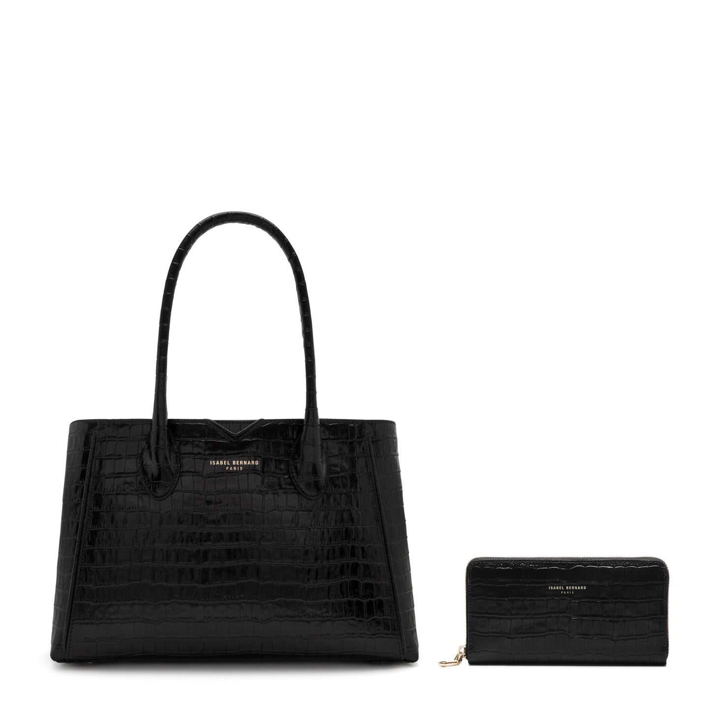 Cadeau d'Isabel croco black calfskin leather handbag and zipper wallet gift set - - Isabel Bernard