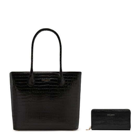 Cadeau d'Isabel croco black calfskin leather shopper and zipper wallet gift set - - Isabel Bernard