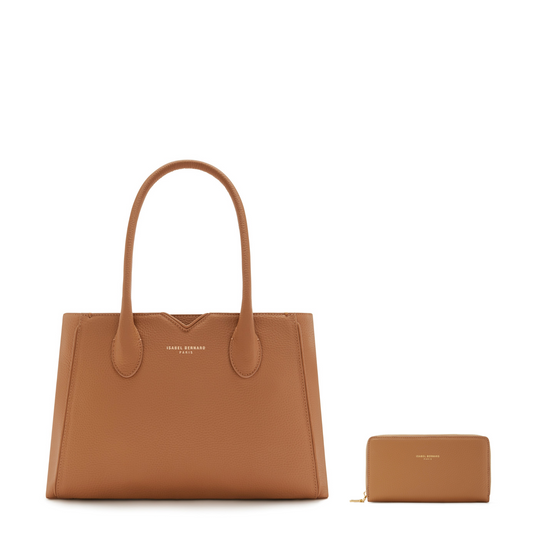 Cadeau d'Isabel camel calfskin leather handbag and zipper wallet gift set - - Isabel Bernard