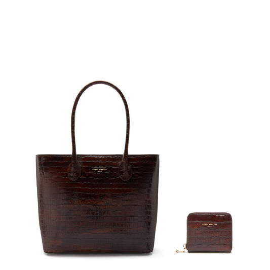 Cadeau d'Isabel croco brown calfskin leather shopper and zipper wallet gift set - - Isabel Bernard