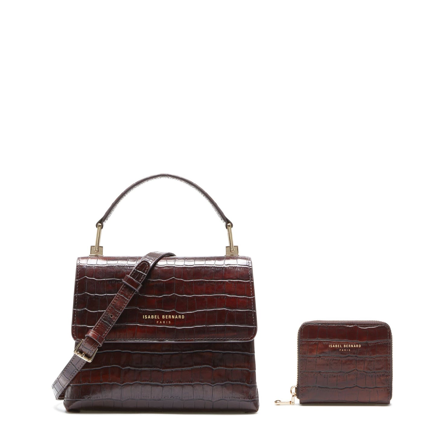 Cadeau d'Isabel croco brown calfskin leather handbag and zipper wallet gift set - - Isabel Bernard