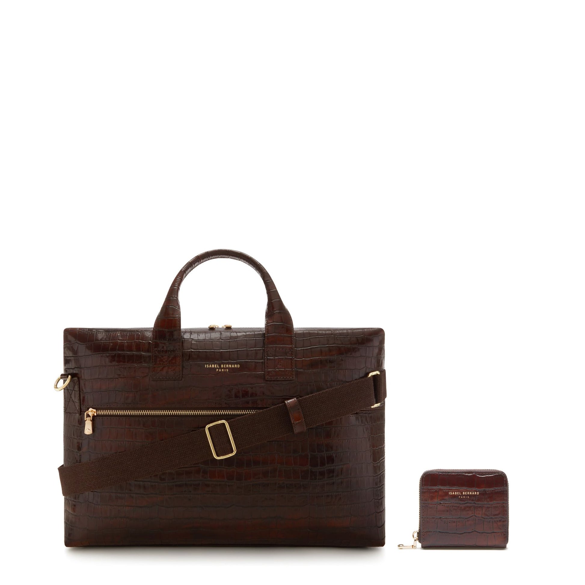 Cadeau d'Isabel croco brown calfskin leather handbag and zipper wallet gift set - - Isabel Bernard