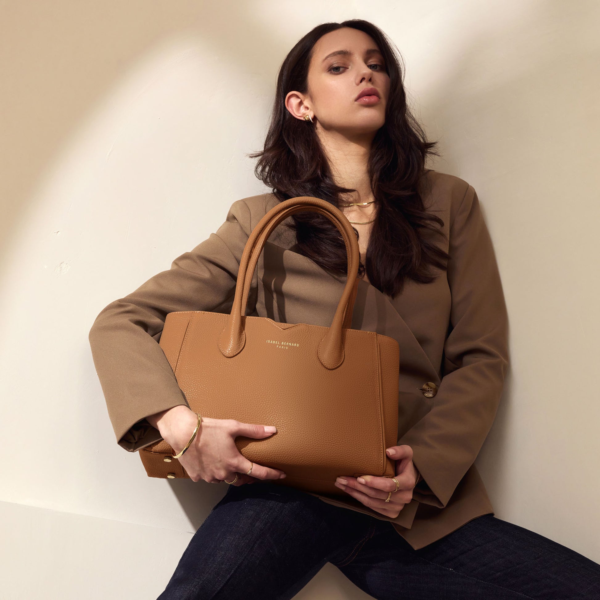 Honoré Cloe Midi camel calfskin leather handbag -  - Isabel Bernard