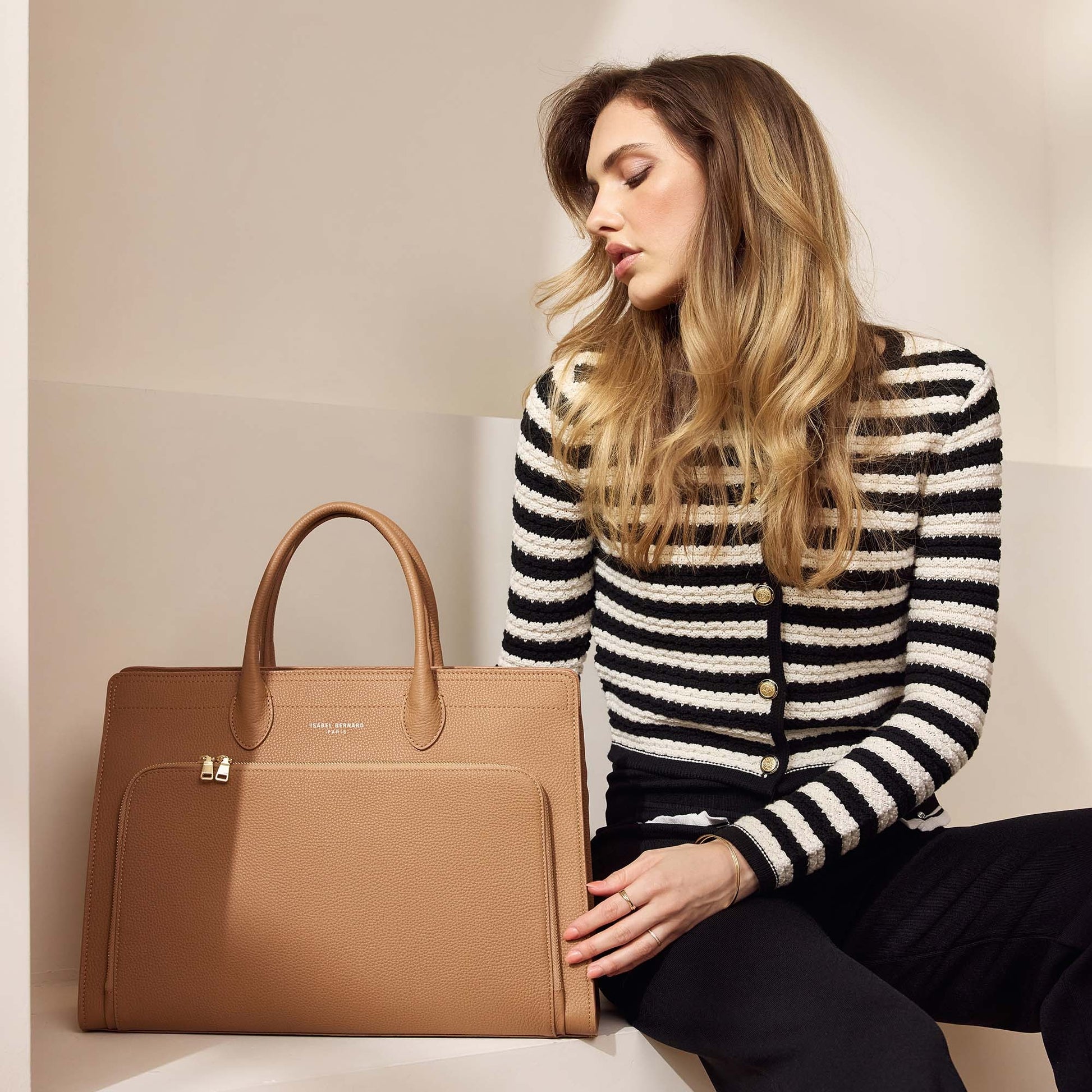 Honoré Nadine camel calfskin leather handbag with laptop compartment -  - Isabel Bernard