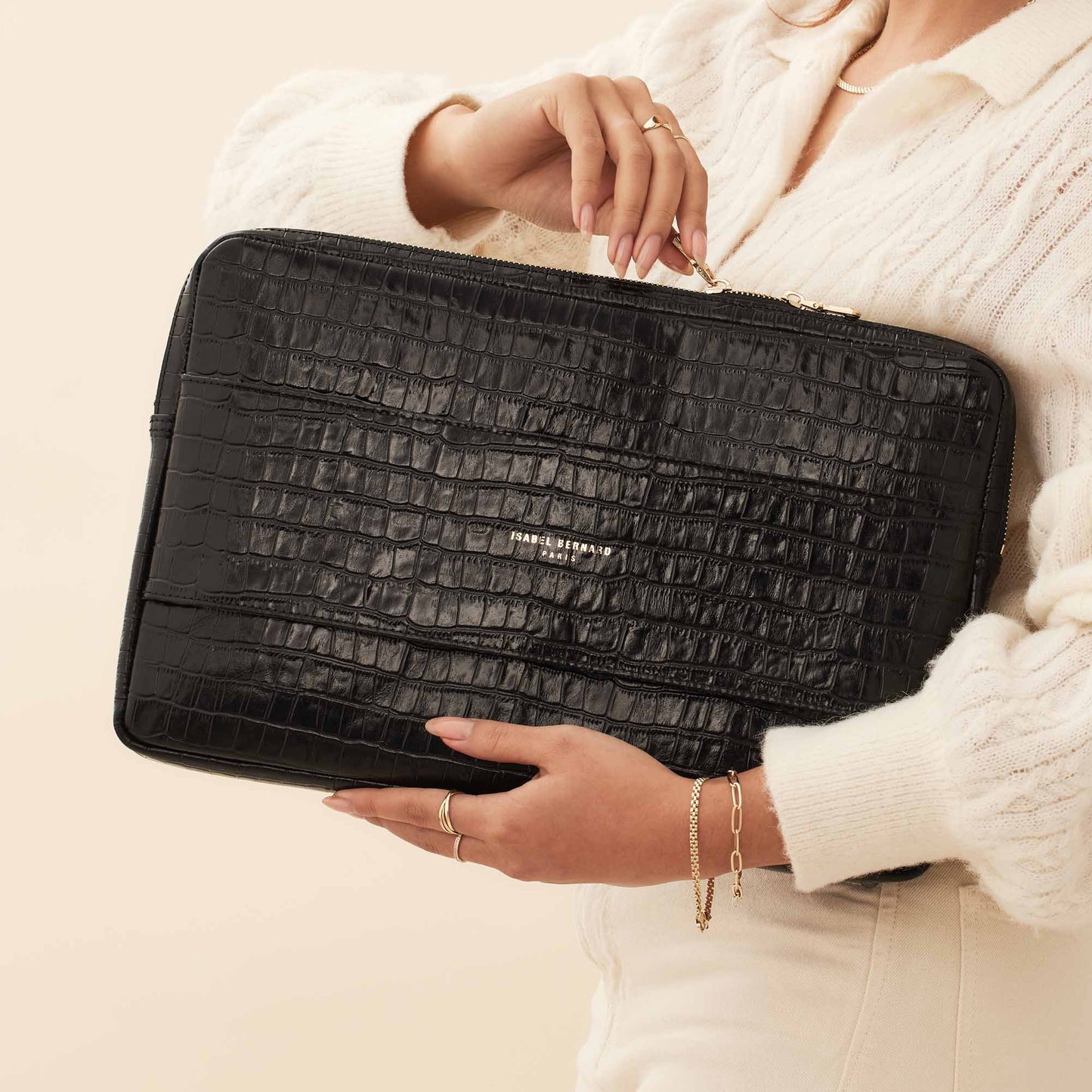 Honoré Caress croco black calfskin leather laptop sleeve -  - Isabel Bernard