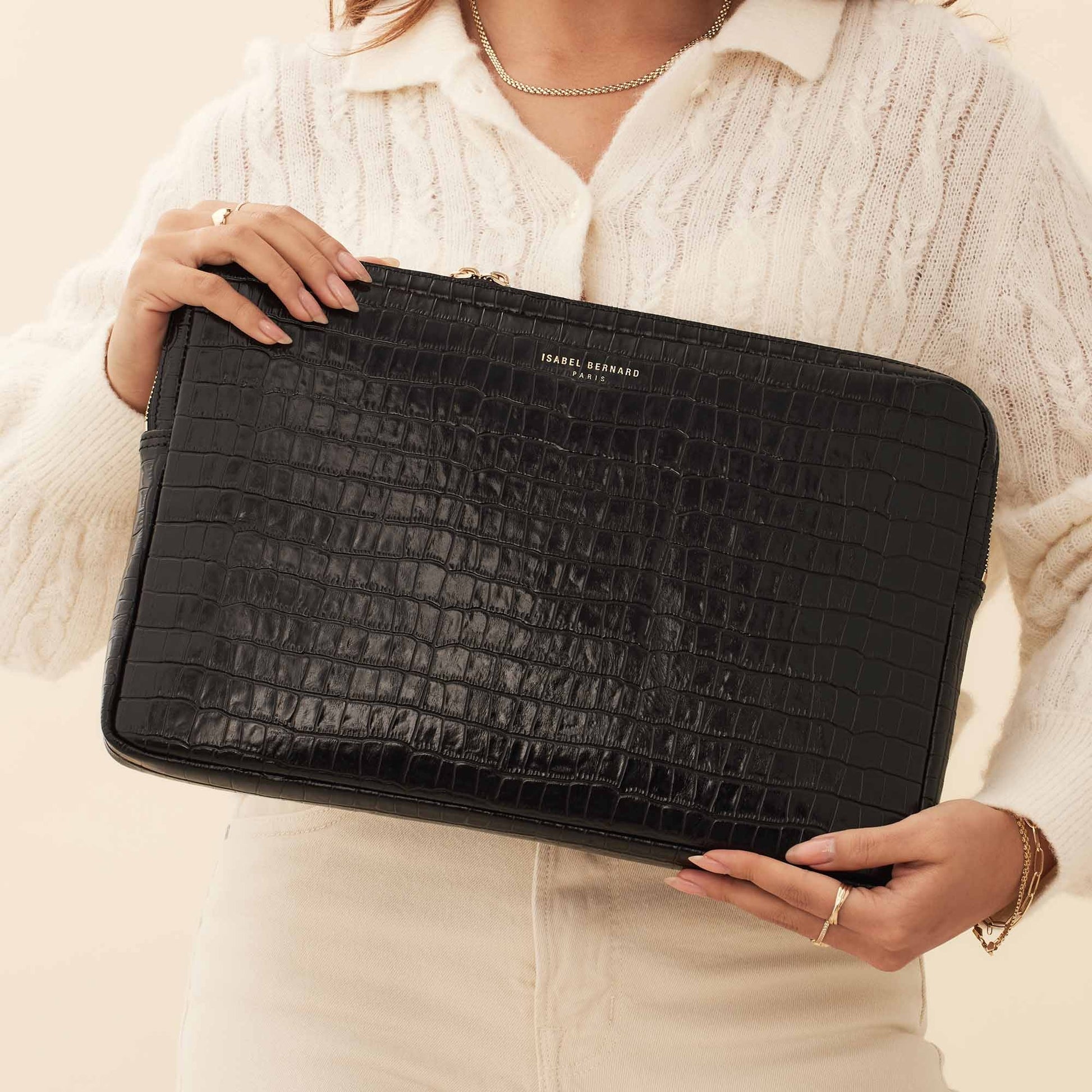 Honoré Caress croco black calfskin leather laptop sleeve -  - Isabel Bernard