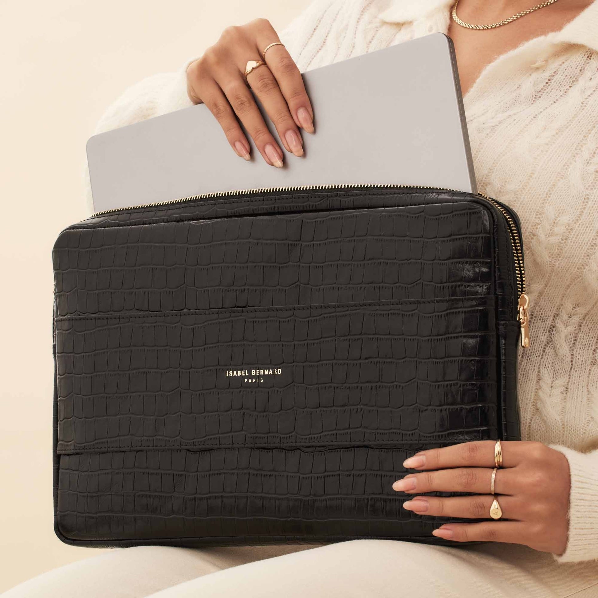 Honoré Caress croco black calfskin leather laptop sleeve -  - Isabel Bernard