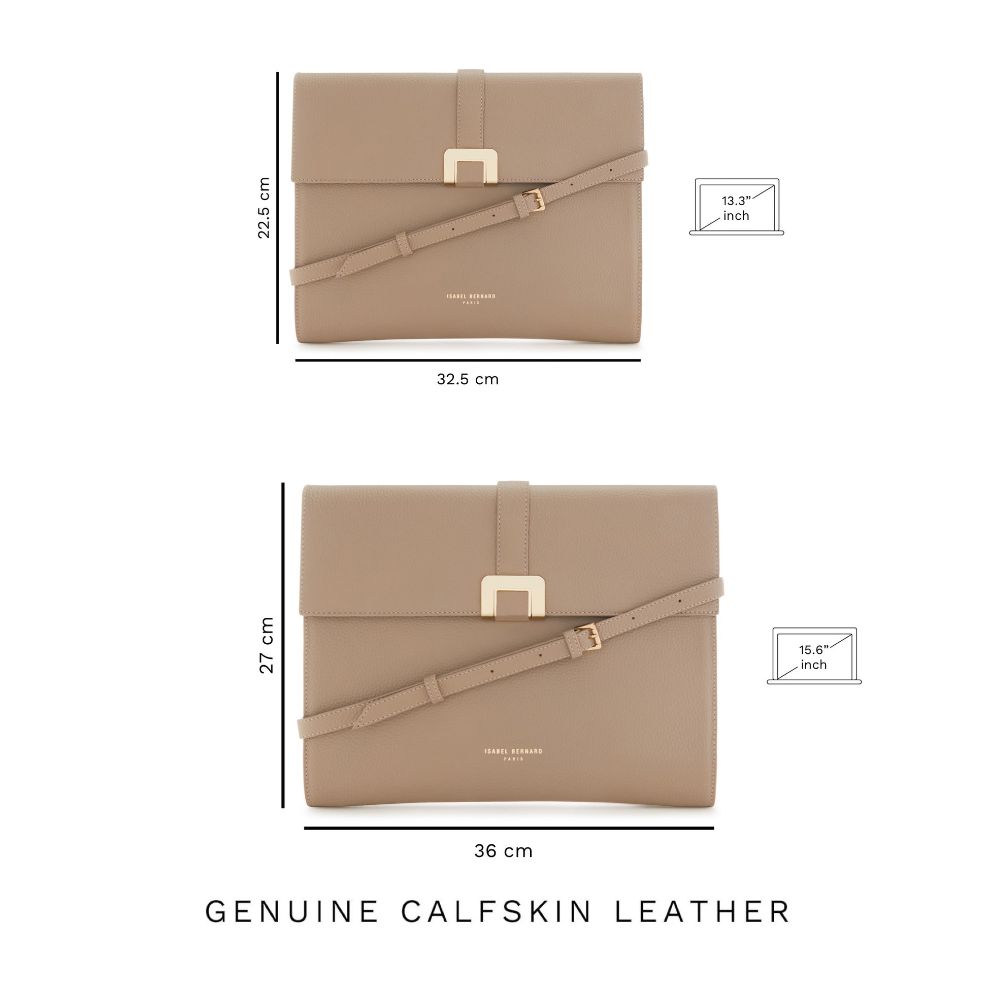 Honoré Clara taupe calfskin leather laptop sleeve with shoulder strap -  - Isabel Bernard