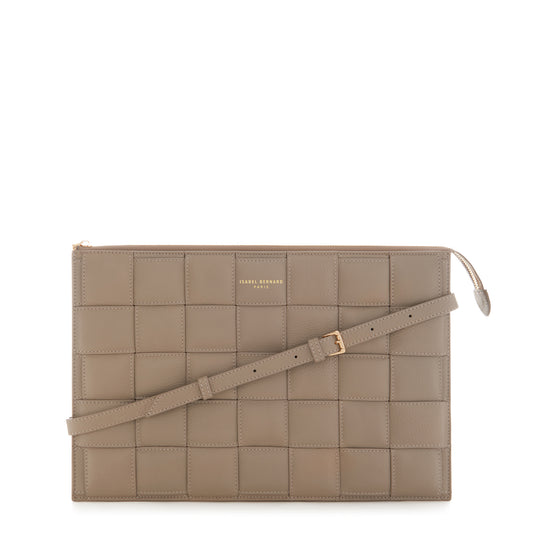 Honoré Cosette taupe braided calfskin leather laptop sleeve with shoulder strap -  - Isabel Bernard