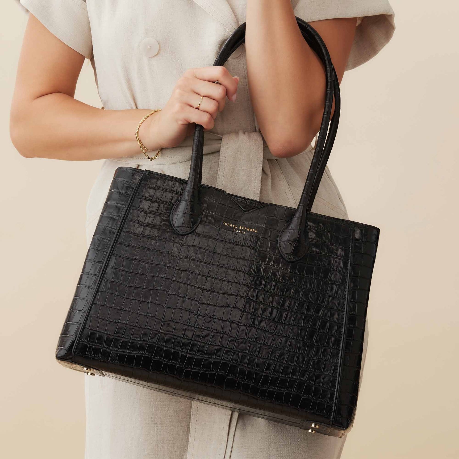 Honoré Cloe croco black calfskin leather handbag -  - Isabel Bernard