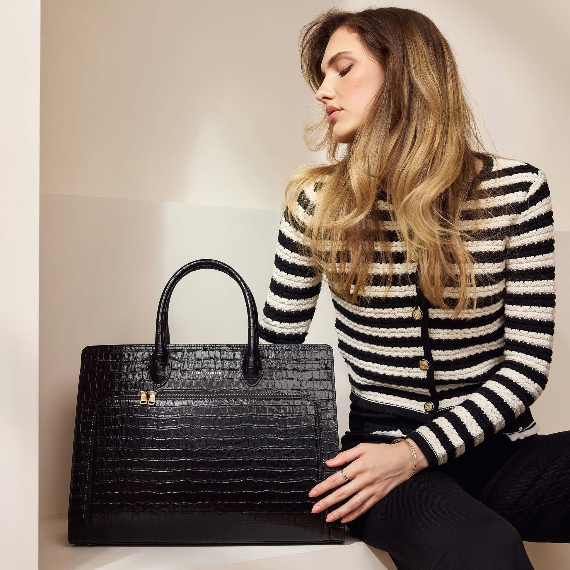 Honoré Nadine croco black calfskin leather handbag with laptop compartment -  - Isabel Bernard