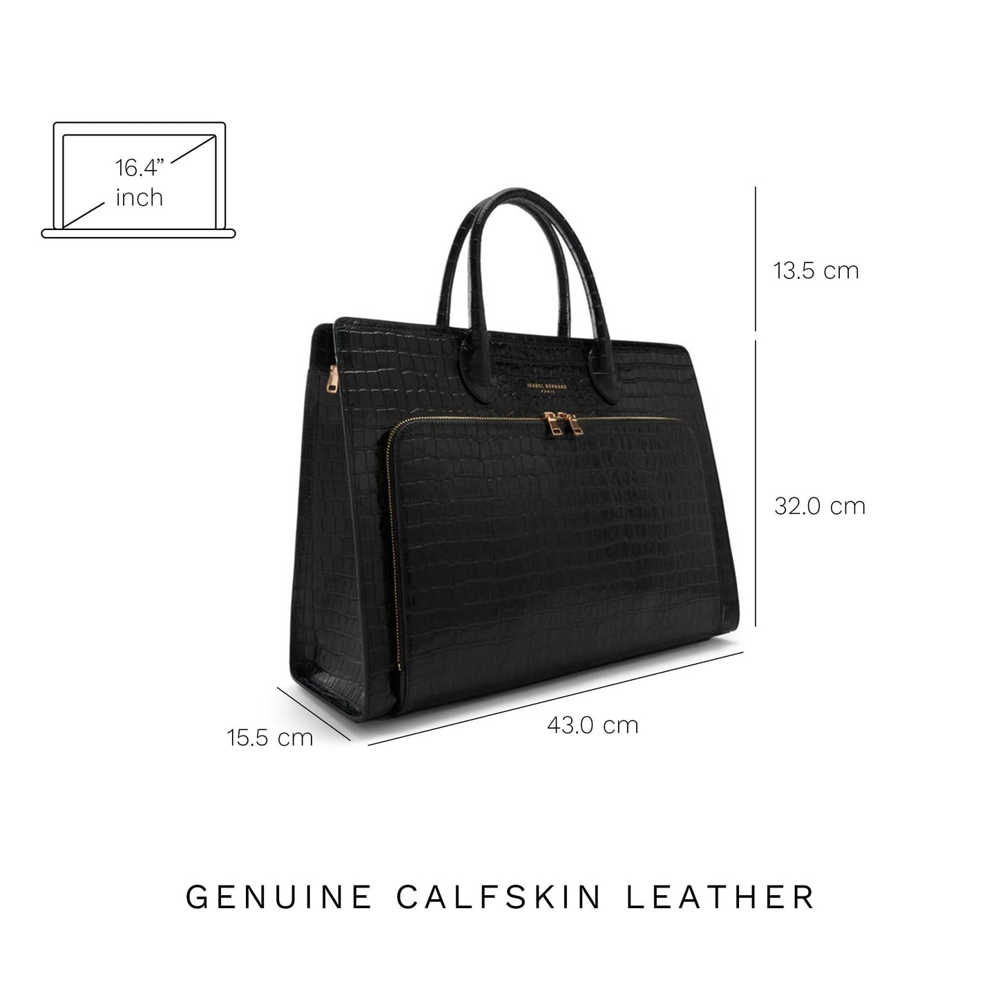 Honoré Nadine croco black calfskin leather handbag with laptop compartment -  - Isabel Bernard