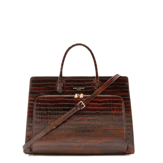 Honoré Nadine croco brown calfskin leather handbag with laptop compartment -  - Isabel Bernard