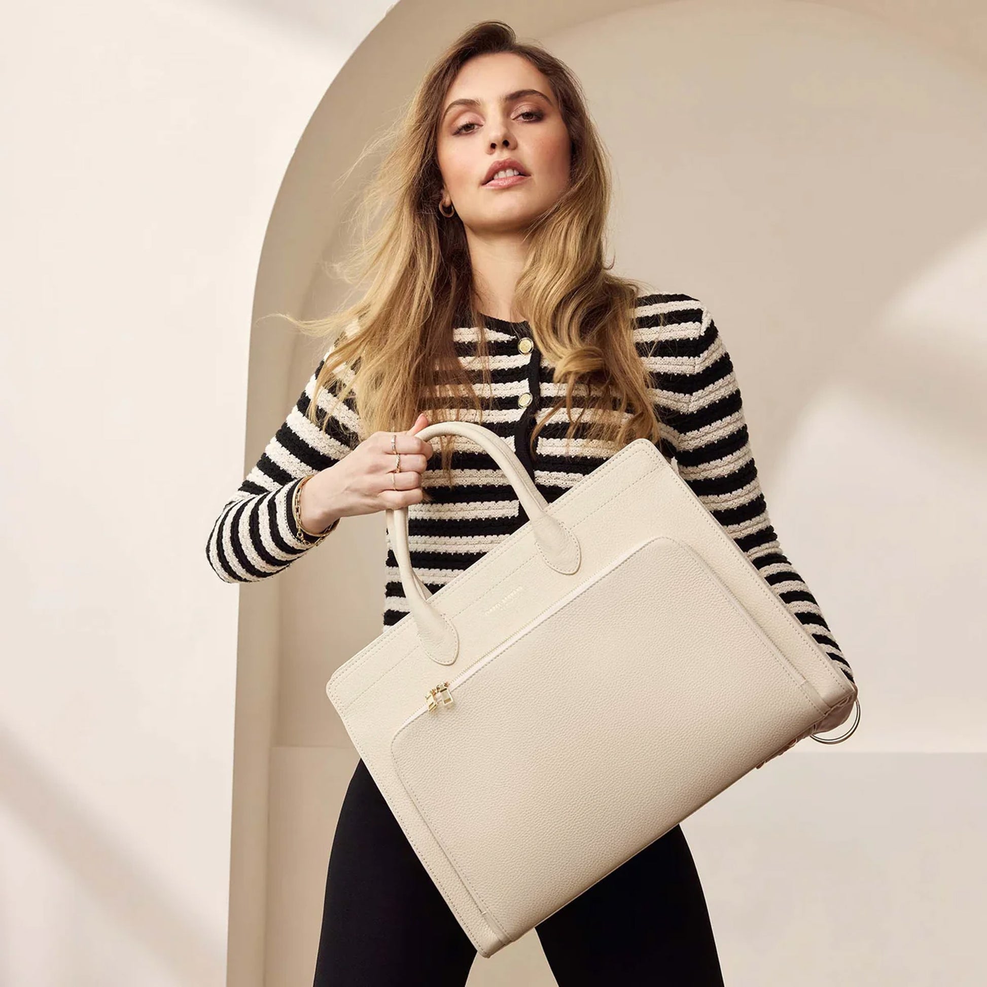 Honoré Nadine cream calfskin leather handbag with laptop compartment - - Isabel Bernard