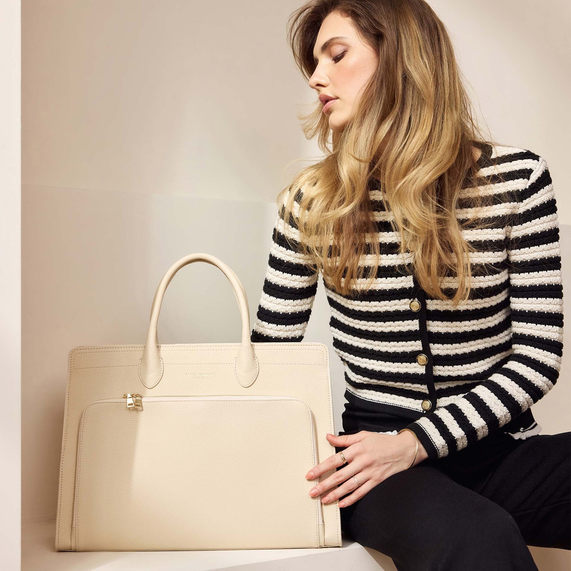 Honoré Nadine cream calfskin leather handbag with laptop compartment -  - Isabel Bernard