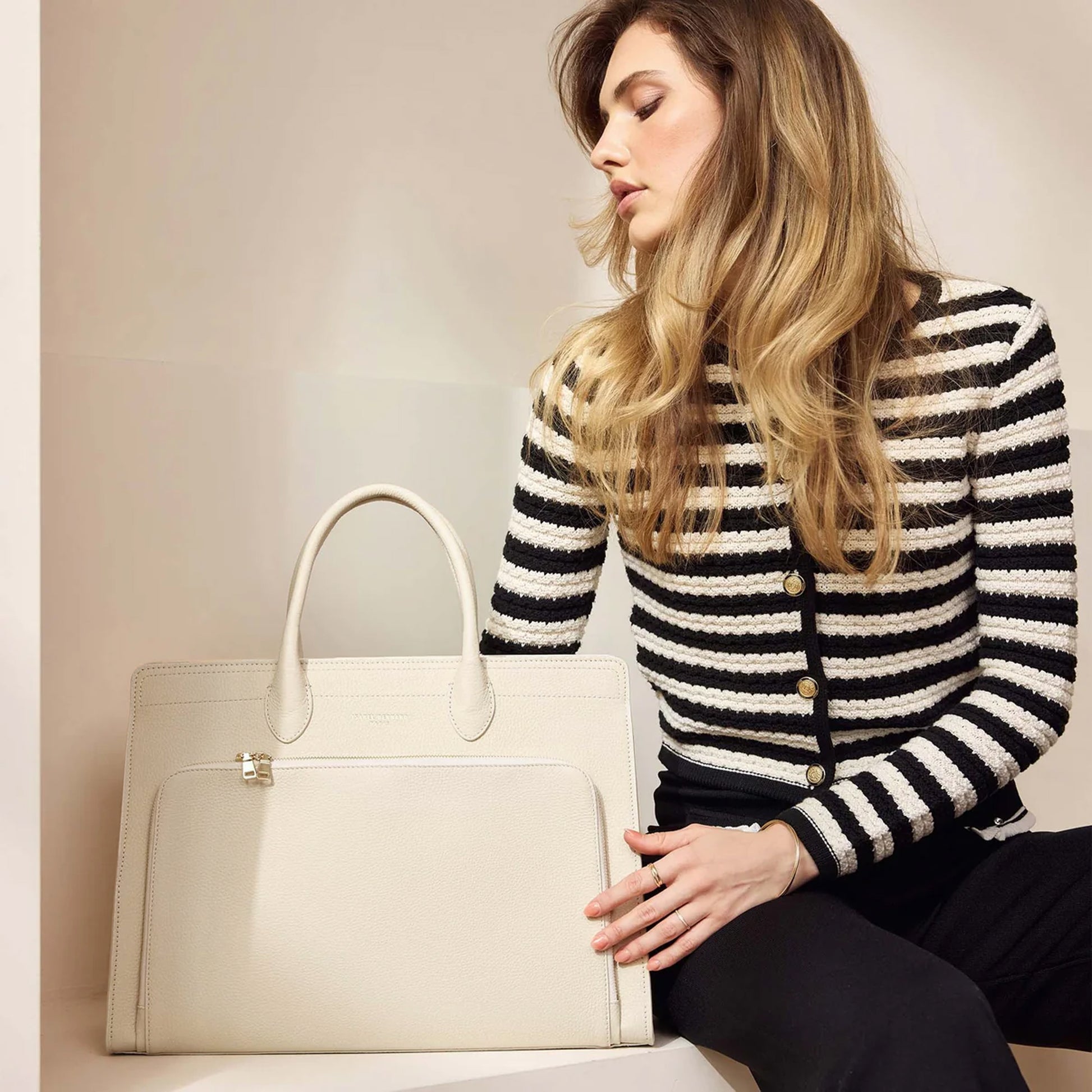 Honoré Nadine cream calfskin leather handbag with laptop compartment - - Isabel Bernard