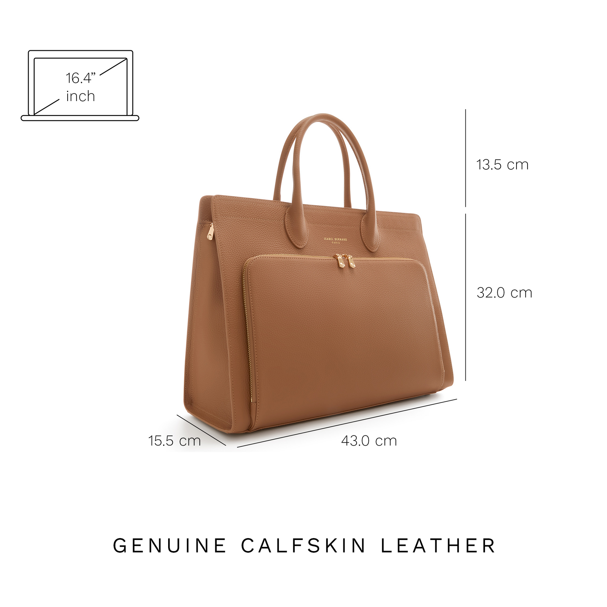 Honoré Nadine camel calfskin leather handbag with laptop compartment -  - Isabel Bernard