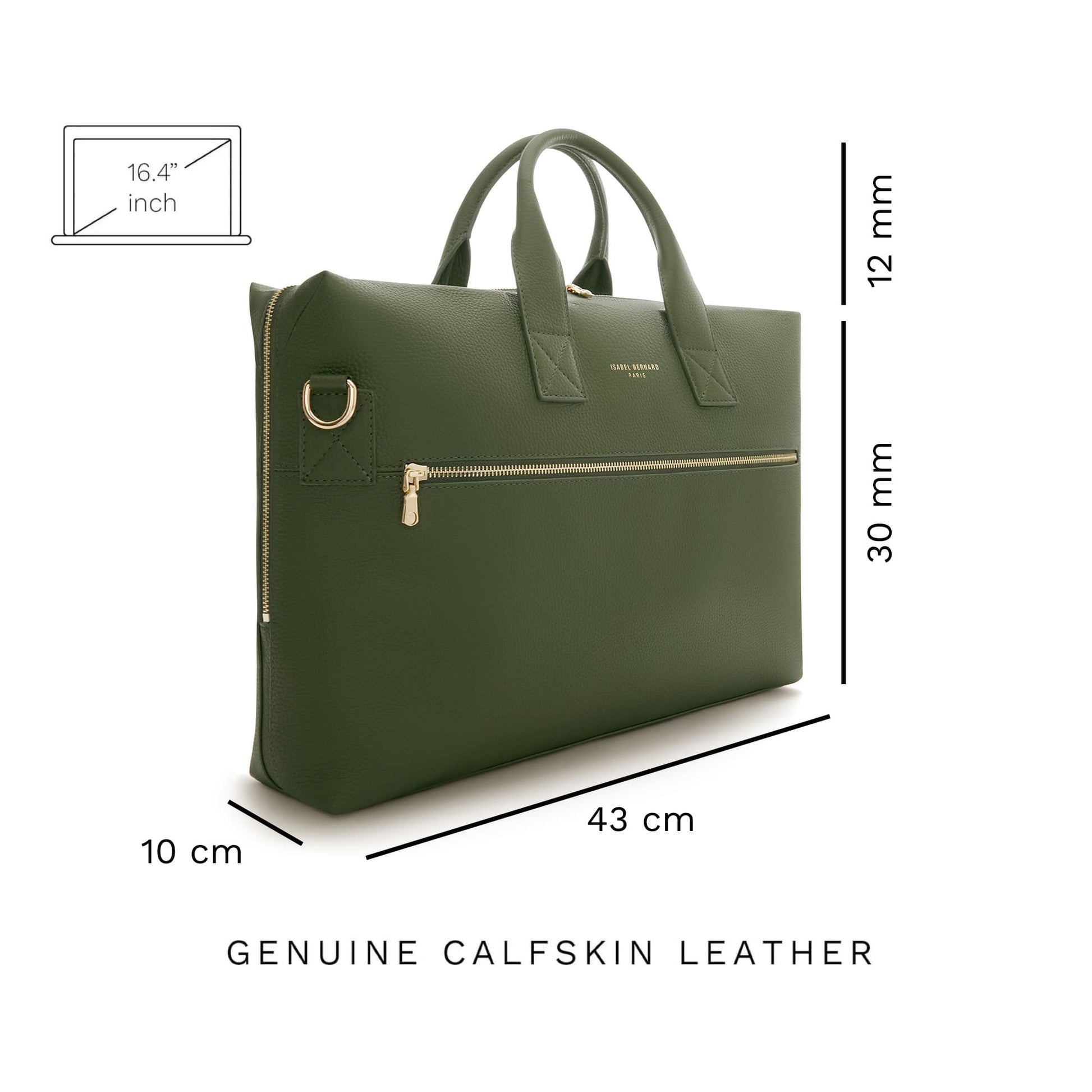 Honoré Anique green calfskin leather handbag with 16.4 inch laptop compartment -  - Isabel Bernard