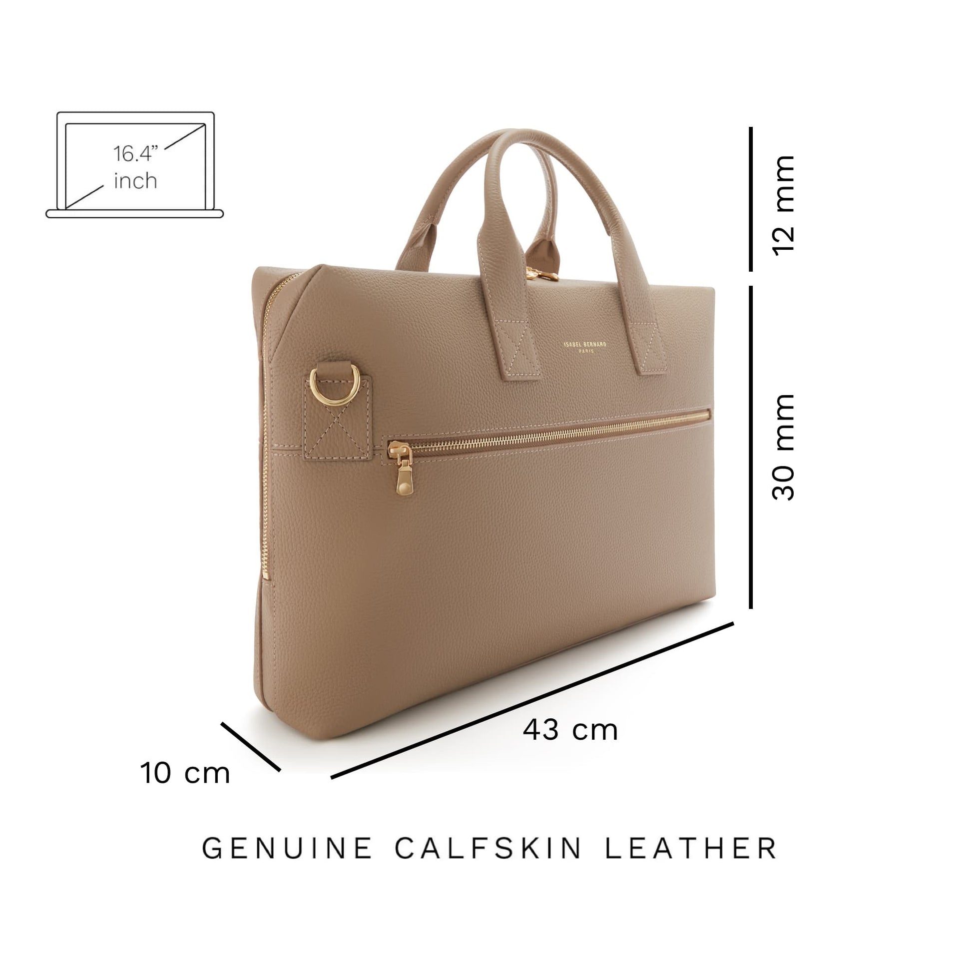 Honoré Anique taupe calfskin leather handbag with 16.4 inch laptop compartment -  - Isabel Bernard