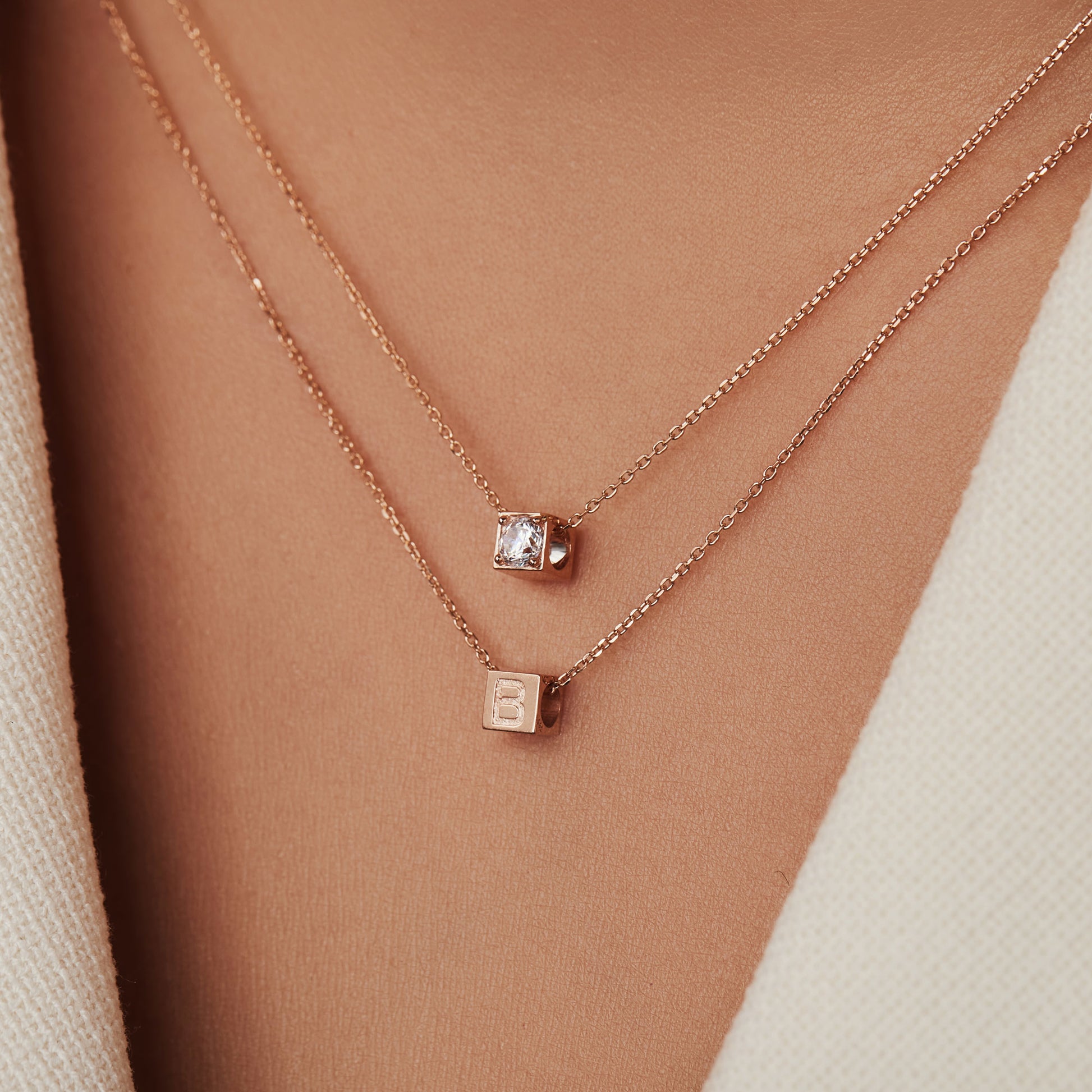 Cadeau d'Isabel 14 karat rose gold cube initial charm with letter and rose gold necklace gift set - - Isabel Bernard