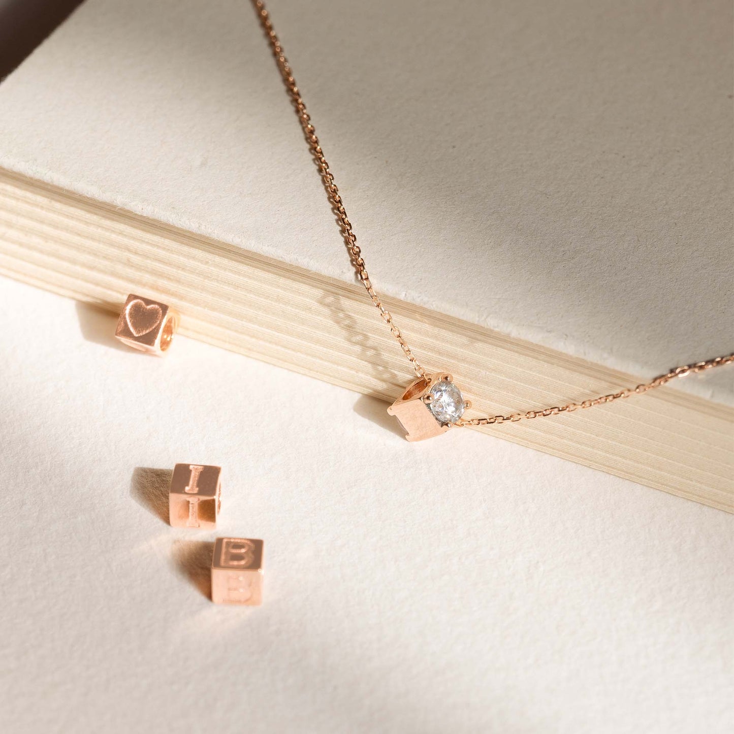 Cadeau d'Isabel 14 karat rose gold cube initial charm with letter and rose gold necklace gift set - - Isabel Bernard