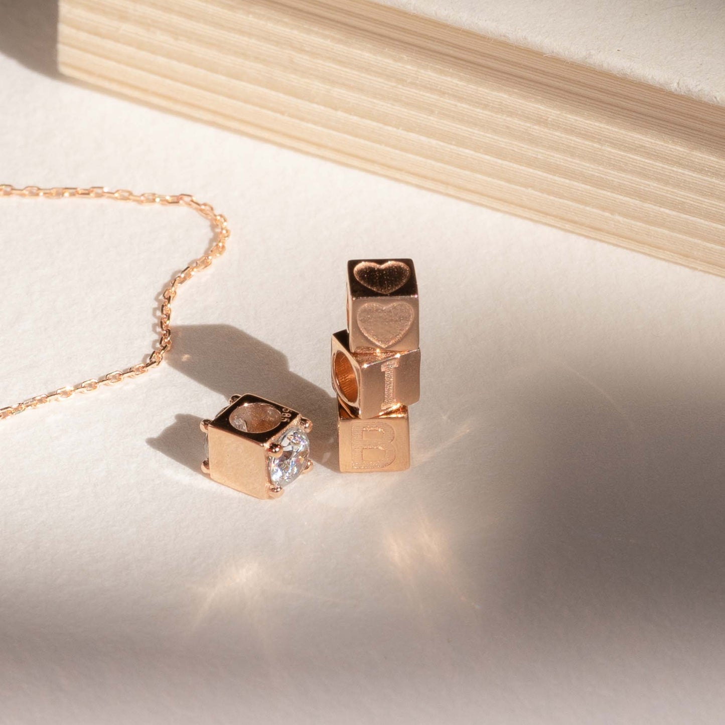 Cadeau d'Isabel 14 karat rose gold cube initial charm with letter and rose gold necklace gift set - - Isabel Bernard