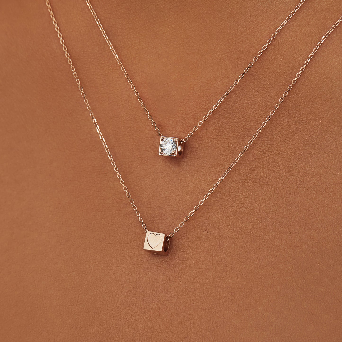 Cadeau d'Isabel 14 karat rose gold cube charm with zirconia stone and rose gold necklace gift set - - Isabel Bernard