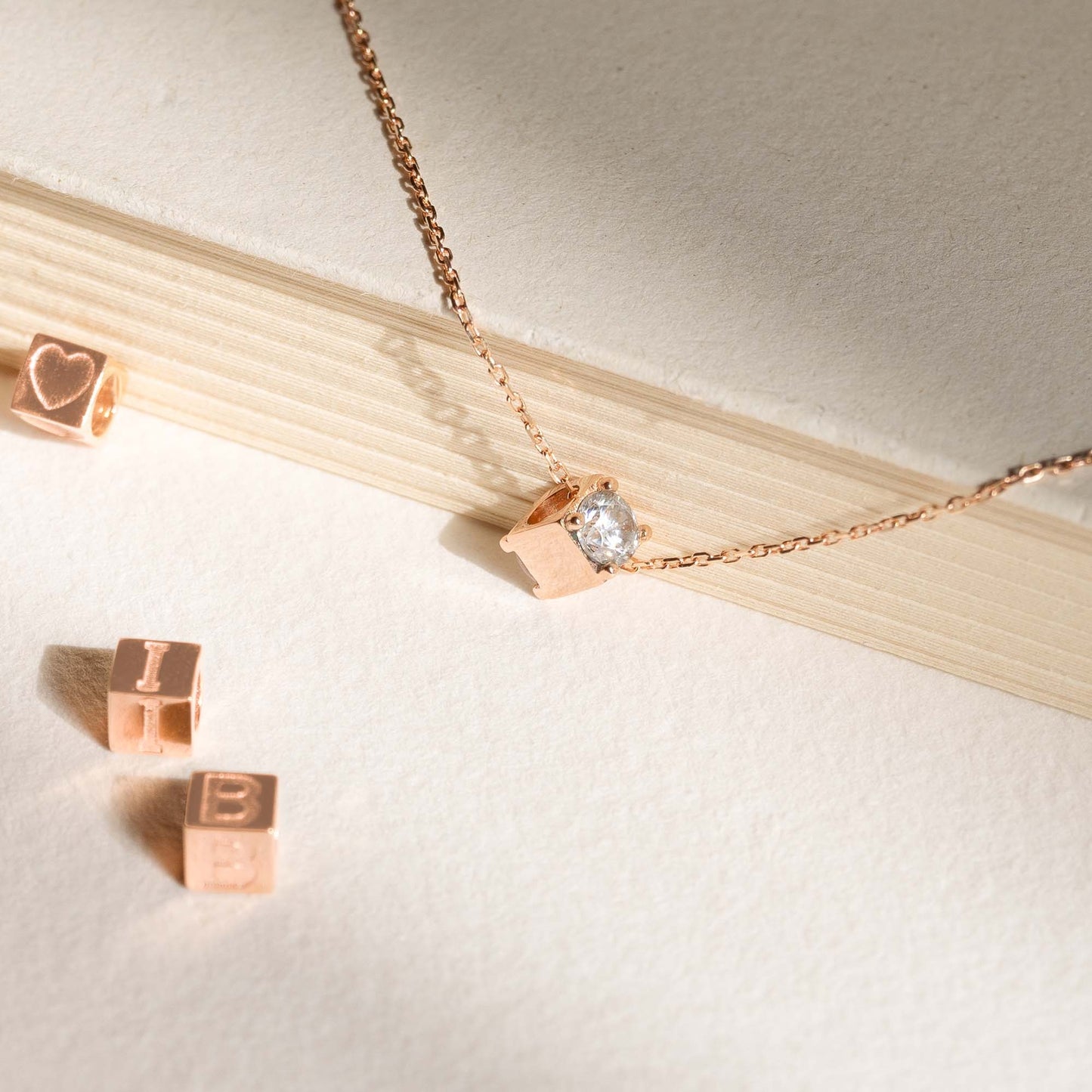 Cadeau d'Isabel 14 karat rose gold cube charm with zirconia stone and rose gold necklace gift set - - Isabel Bernard