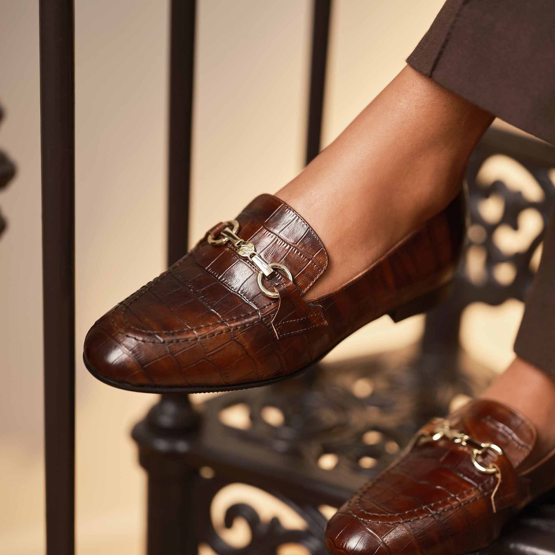 Vendôme Fleur croco brown calfskin leather loafers -  - Isabel Bernard